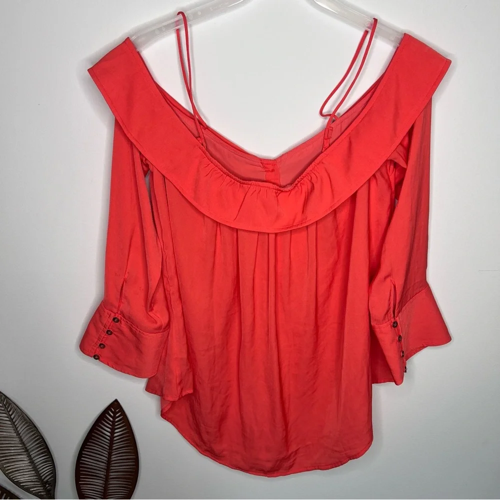 FREE PEOPLE Womens Coral Off Shoulder‎ Bell Sleeve Casual Top H13